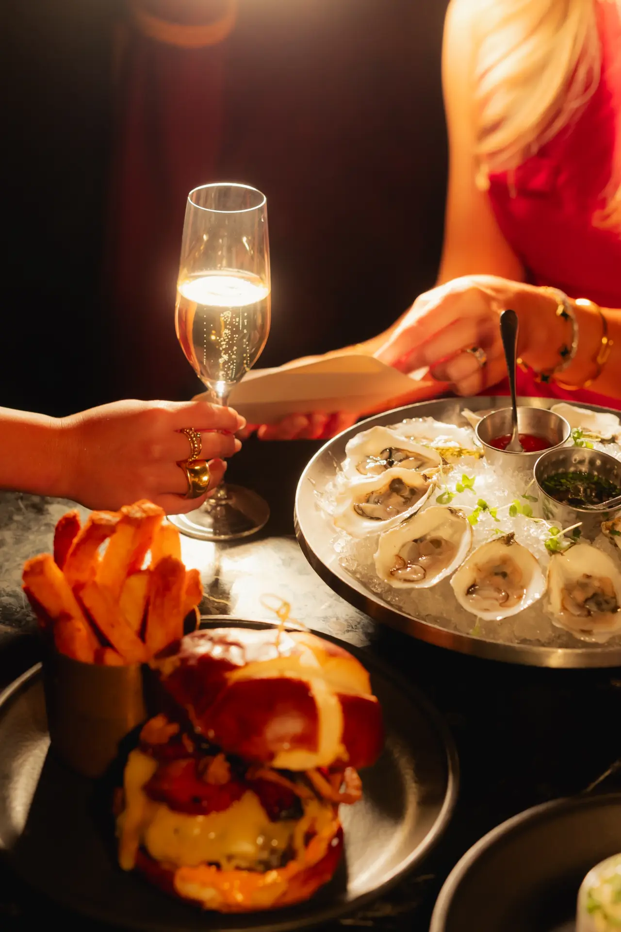 Champagne and oysters at the table