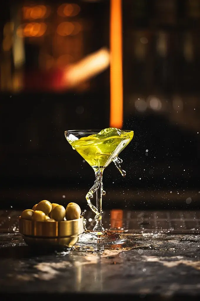 A green martini with a dish of olives
