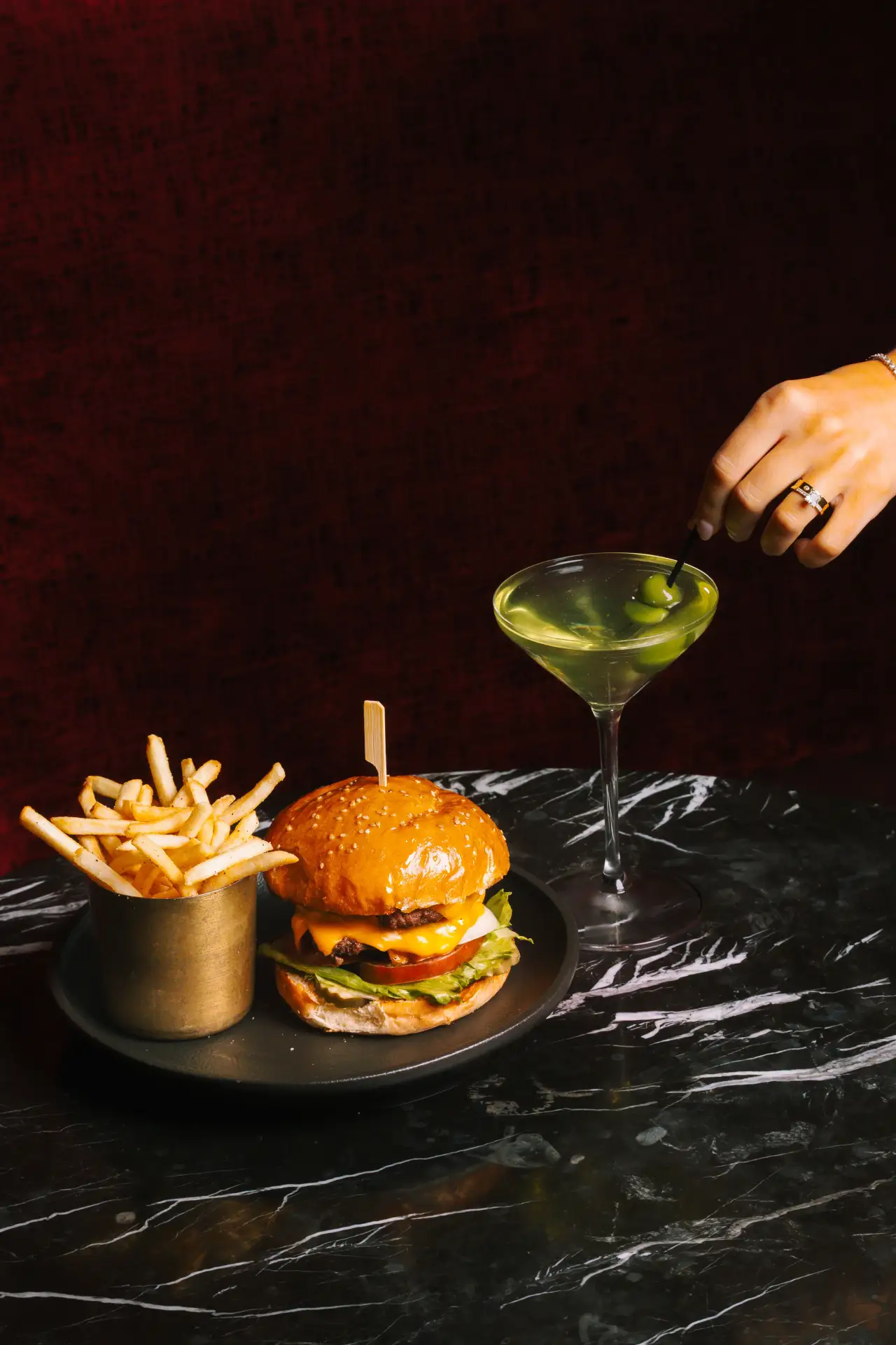 The Adult Happy Meal: TYF burger, shoestring fries and a martini